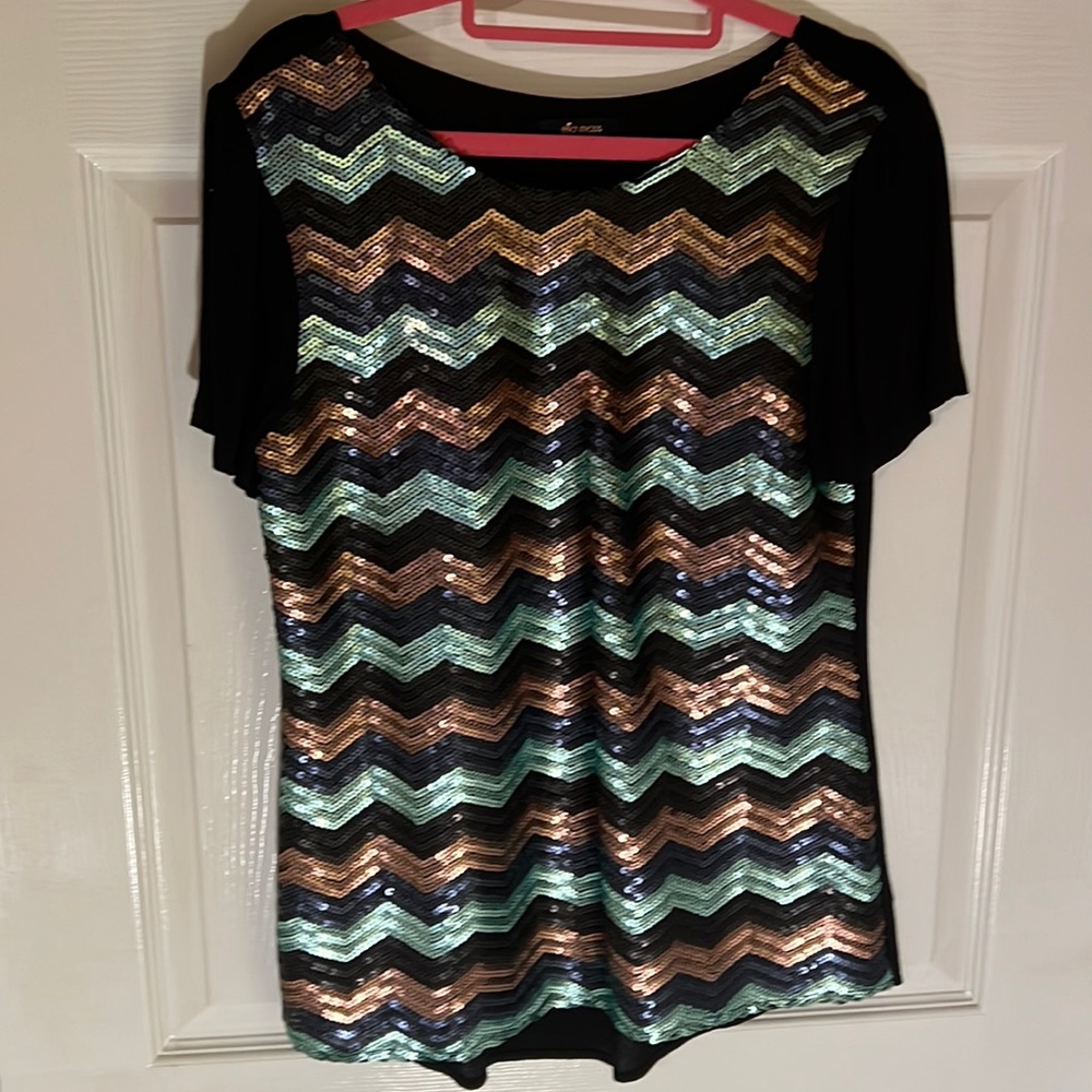 9. For Poshmark live show, Ella, moss medium blouse with Chevron sequins